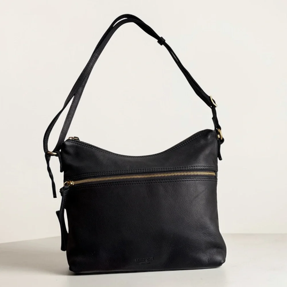 Classic Black Leather Shoulder Bag with Gold Hardware